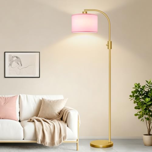 Image of Nintiue Dimmable Floor Lamp, 1200 Lumens LED Edison Bulb Included, Arc Gold Floor Lamps for Living Room Modern Standing Lamp with Pink Linen Shade
