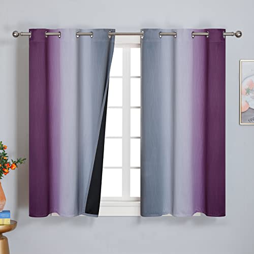 Purple and Grey Blackout Curtains 45 Inches Long,Ombre and Wavy Line Pattern 100% Blackout Curtains for Bedroom,Full Light Blocking Grommet Thermal Insulated Drapes for Kids Room, 42x45 Inch, 2 Panels