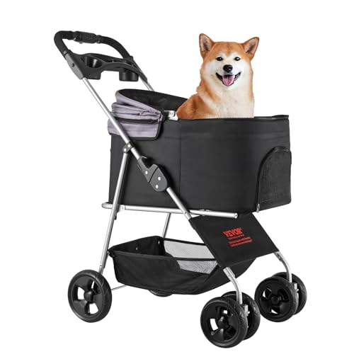 Image of VEVOR Pet Stroller, 35 lbs Weight Capacity, Foldable Dog Stroller Cart, 4 Wheels Cats Strollers with with Detachable Carrier & Mesh Windows, Portable Design with Brake for Small to Medium Pets
