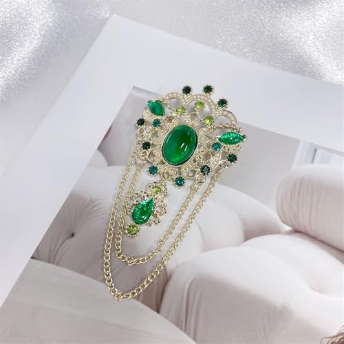 Image of Dainty Green Simulated CZ Tassel Drop Brooch Lapel Pins for Women Vintage Antique Gold-Tone Simulated Pearl Flower Brooches Pin for Dress Suit Accessories Fashion Jewelry