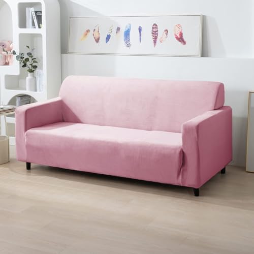 Image of HOKIPO 200 GSM Premium Velvet Series Elastic Sofa Cover 3 Seater, Pink (NEW-AR-4738-PNK)