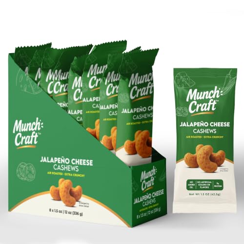 Image of Munch Craft Gourmet Jalapeno Cheese Cashews (8-Pack Box) - Perfectly Balanced Flavor - Extra Crunchy Air-Roasted Nuts, Oil-Free - Eight 1.5 oz Snack Bags (12 oz Total)