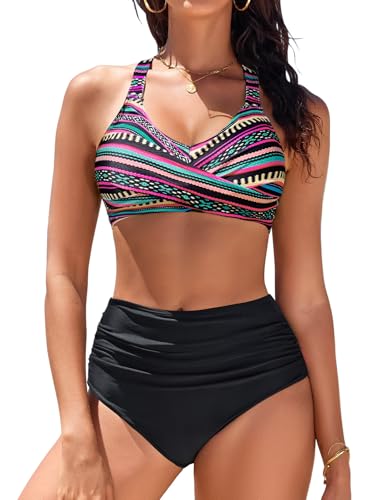 heekpek Conjunto Bikini Mujer Push Up Bañadores Mujer Reductores Barriga Bikini Cintura Alta Cuello en V Cruzado Delantero Bañador Natacion Bañadores Mujer Dos Piezas, C, L