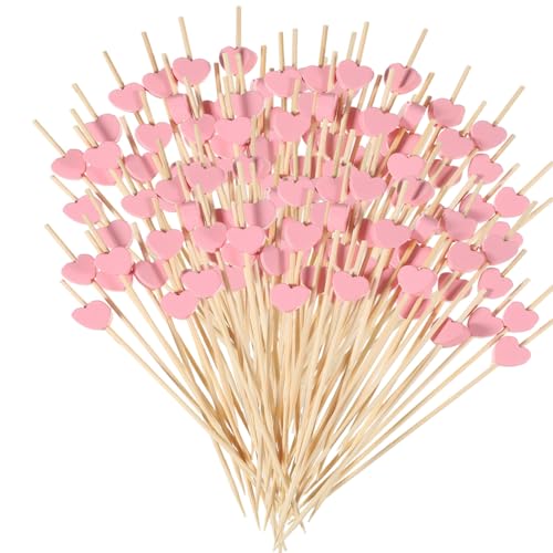 100 Pack Fancy Toothpicks for Appetizers Pink Heart Cocktail Picks 4.7" Bamboo Cocktail Picks Long Fruit Sticks Food Toothpicks Wooden Sandwich Charcuterie Sticks for Desserts Drinks Party Supplies