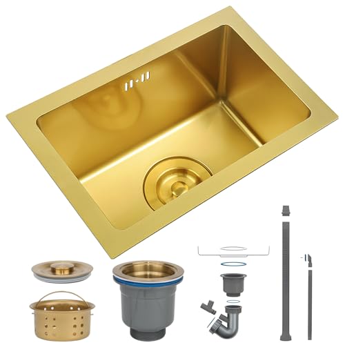 Fregaderos de cocina, Golden Bar Fregadero Individual, Fregadero de Cocina Cuadrado/Baño Fregadero De Acero Inoxidable En Oro, Nano / Fregadero Preparatorio Con Juego De Desagüe, Fácil De Limpiar