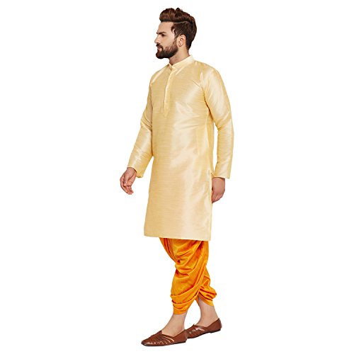 Image of SOJANYA (Since 1958 Men's Off-White and Gold Dupion Silk Dhoti Kurta Set