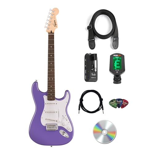 Image of Fender Squier Sonic Stratocaster - Ultraviolet Bundle with Mustang Micro Headphone Amplifier, Instrument Cable, Tuner, Strap, Picks, and Austin Bazaar Instructional DVD