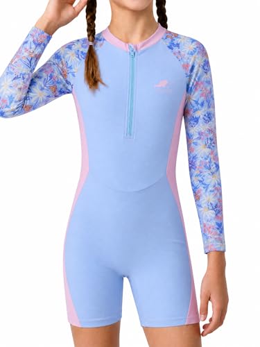 Gogokids Girls Swimsiut Size 11-12 One Piece Rash Guard Suits Bathing Suit Front Zipper Long Sleeve UPF 50+ Sun Protection Swimwear,Pink Blue Flowers