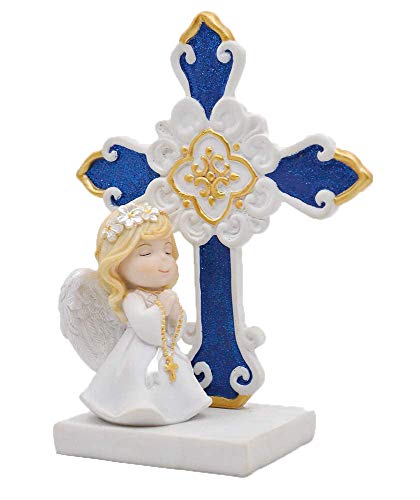 Comfy Hour 6" Polyresin Figurine Praying Angel Girl With Rosary Kneeling At A Cross Decoration For Christmas, Communion And Nativity, Multicolor, Faith And Hope Collection #TOP12