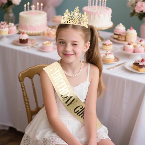AHONEY Gold Birthday Girl Crown and Glitter Sash for Women and Girls Tiara Birthday Accessories for Parties Favors and Decorations, 2 Pack by AHONEY - Used condition - Image 2