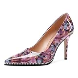 SAMMITOP Floral Heels Women Closed Pointed Toe Stiletto High Heel Pumps Shoes Beaded Dressy Purple Patent Leather 3.5 Inch US Size 8.5
