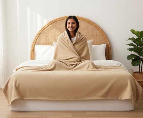 Image of IVAZA Solid Fleece Bed Blanket Double Bed 480 GSM Lightweight Winter Blanket for Home & Travel | Warm & Cozy Microfiber Blanket for Adults & Kids | Breathable & Durable Gold
