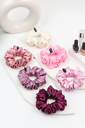 Image of Premium Satin Scrunchies for Women | Hair Bands, Ponytail Holders & Rubber Bands | Large, Fluffy, No-Damage Hair Ties | Girls Hair Accessories | Large Size | Pack of 6