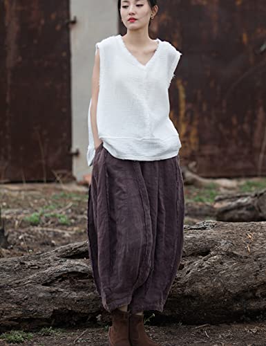 NFYM Women Wide Leg Elastic Waist Cotton Linen Distressed Patchwork Pumpkin Style Wide Leg 3/4 Length Cropped Pants3