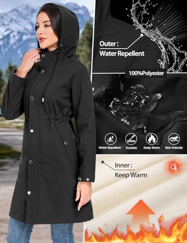 RITOSTA Softshelljacke Damen Lange Übergangsjacke Fleece Gefüttert Winddicht Softshellmantel Wasserdicht Windbreaker Wanderjacke Atmungsaktive Jacke Regenjacke Outdoorjacke mit Kapuze(Schwarz,S)