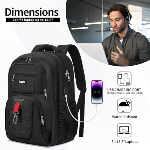 Skaypibs Black Backpack for Men Women,18.4 Inch Laptop Backpacks, Water Resistent Work College back pack - 2