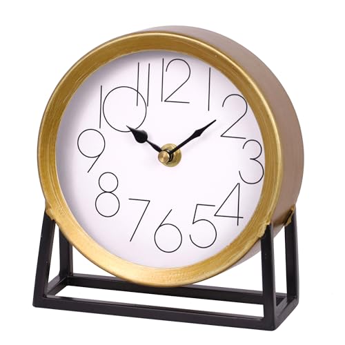 Modern Golden Table Clock on Stand, Decorative Desk and Shelf Clock, Mantel Clock Farmhouse Clock Non-Ticking, Home Décor for Living Room, Bedroom, Bedside, Desk, Gift Clock (Gold)