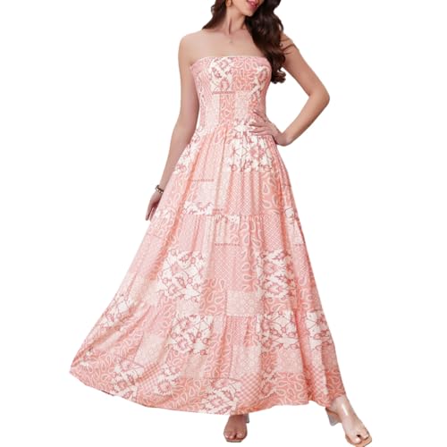 Image of Women's Summer Strapless Tube Top Maxi Dresses Off Shoulder Boho Beach Long Dress