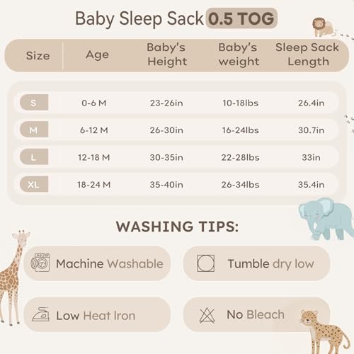 Image of Unnivoll Baby Sleep Sack 0-6 Months 0.5 Tog Baby Wearable Blanket 100% Cotton Sleeping Sack with 2-Way Zipper for Newborn Infant Apricot Gray Elephant
