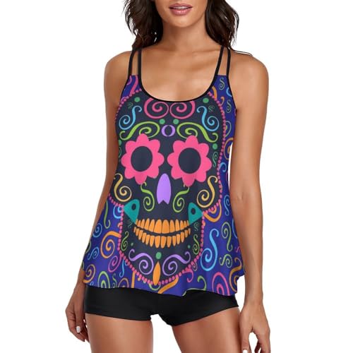 Maillot de bain tankini crâne colore pour femme avec short pour vos journees plage