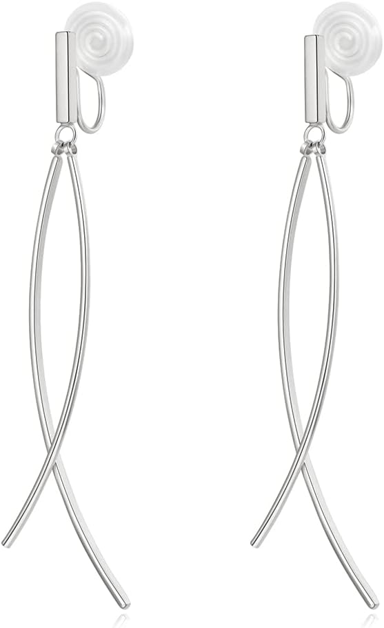 CLASSYZINTSilver Plated Soft Adjustable Clip On Earrings,2 Pieces Thin Curved Metal Bar, Fall Simple Long Dangle Earrings For Women