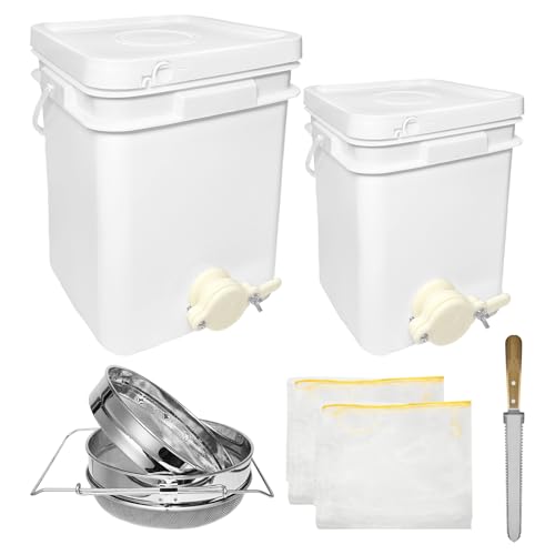 GAIACOLMEIA Honey Bucket w/Gate 5&3 Gal Stainless Strainer Honey Extractor Kit&Double Sieve Stainless Strainer w/ 2 Filter Bags & Scraper Fits Complete Honey Extraction Equipment