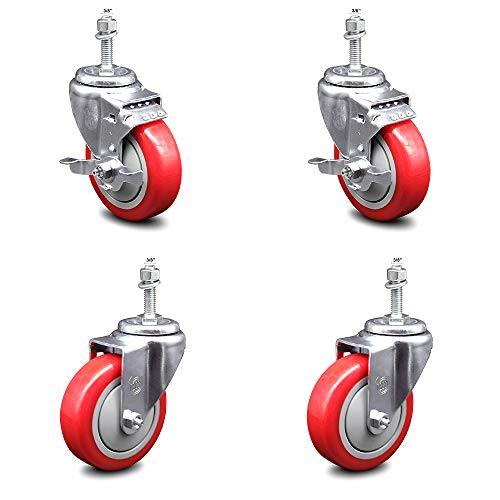 Buy 1 get 1 Polyurethane Swivel Threaded Stem Caster Set of 4 w/4 x 1.25 Red Wheels and 3/8 Stems - Includes 2 with Top Locking Brake - 1400 lbs Total Capacity - Service Caster Brand Free Shipping Offer Polyurethane Swivel Threaded Stem Caster Set of 4 w/4 x 1.25 Red Wheels and 3/8 Stems - Includes 2 with Top Locking Brake - 1400 lbs Total Capacity - Service Caster Brand