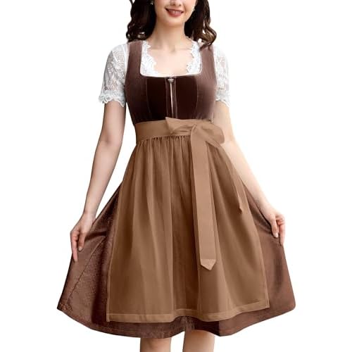 GloryStar Women's German Dirndl Beer Dress 3 Pieces Costumes for Bavarian Oktoberfest Carnival Festival, Medium, Brown-velvet