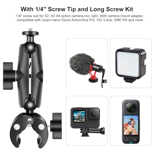 Super Clamp Crab Action Camera Motorcycle Handlebar Fixed Bracket Clamp 360° Rotation Ball Head for DJI OSMO 360, Tripod Rod Stand Mount Compatible with Gopro/insta360 X5 X4 X3 and other (0.6"-1.57") - Image 4