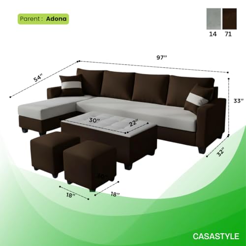 Image of CASASTYLE Adonway 8 Seater Fabric LHS L Shape Sofa Set (Light Grey-Dark Brown) Premium Velvet Finish | Ideal for Living Rooms