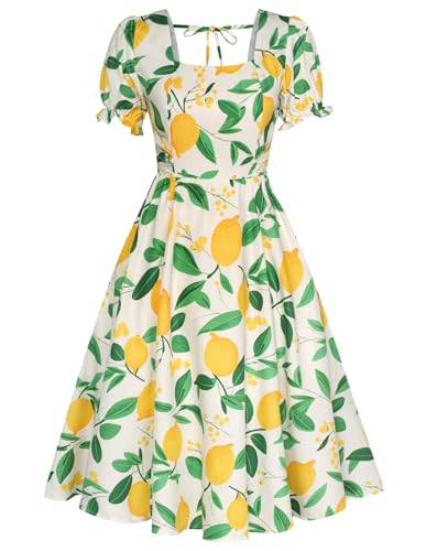 Image of Belle Poque Women's Vintage Midi Cottagecore Cocktail Dresses | Belle Poque Women's Vintage Cottage Core Dress,A-line,Midi,Square Neck,Homecoming Dress,Cocktail Dress,Sun Dress