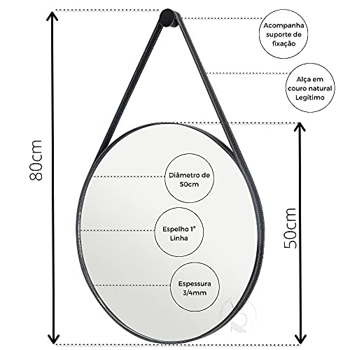 Espelho Decorativo Redondo 50cm Adnet Suspenso C/ Alça Couro Preto