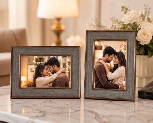 Image of 4x6 Inch Photo Frame Set of 2 - Acrylic Front Table Top Photo Frames with Stand, Dual Orientation Portrait & Landscape Display for Home Office Decor (grey wood)