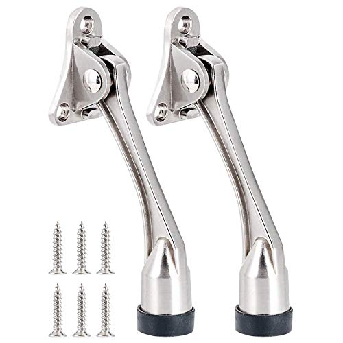 Door Stop, GLANICS Kickdown Door Stopper 2 Packs Door Stops Security Jammer Wedge Adjustable Height and Rubber Tip Door Kick Stopper Satin Nickel with Screws