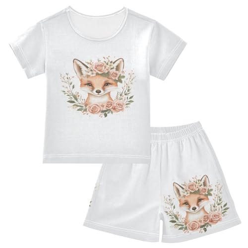 Fox Rose Portrait White Pajama Set Short Sleeve Pajamas Shorts Sets Cotton PJS 2 Piece Clothes Set 5Y