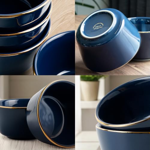 Image of Shay Ceramic Dinner Bowl Set of 4 for Rice, Dal, Salad, Snacks, Fruits & Noodles | Blue with Gold Rim | Microwave Safe Ceramic Serving Bowls for Home, Kitchen & Gifting (Bowl Set of 4 - Blue Gold)