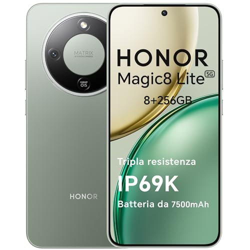 Honor Magic8 Lite Smartphone 5G, 8+256GB, Tripla Resistenza-Ip69K, 7500 Mah, Fotocamera Ai 108 Mp Con Ois, Display Amoled Da 6.79 Pollici Cellulari, Ai Intelligente, Dual Sim, Nfc, Forest Green-image