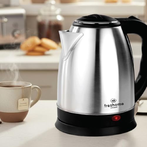 Image of FRESHOME Electric Kettle 1.5 Litre, 1500 Watts Stainless Steel Auto Shut Off Cordless Electric Water Boiler for Tea, Coffee, Milk, Hot Water, Instant Noodles (Silver & Black)