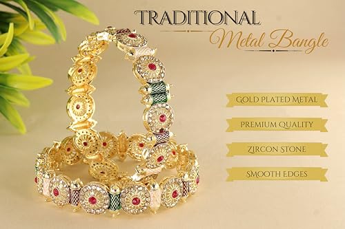 Image of NMII Royal Golden Metal Bangles Set For Women & Girls with Zircon Diamond Stone | Traditional Gold Plated Kangan Set | Fancy Women's Fashion Jewellery Bangles | Wedding, Party, Festive- Set of 2