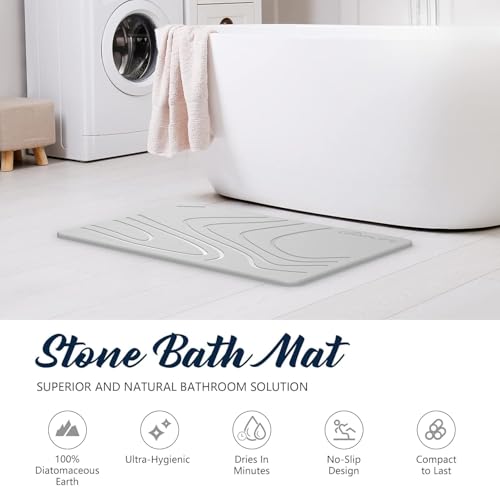 Image of BELADOR Rubber- Stone Bath Mat, Diatomaceous Earth Shower Rectangular Shape Mat, Non-Slip Super Absorbent Quick Drying Bathroom Floor Mat, Natural, Easy to Clean (Light Grey Wave)