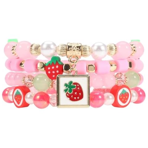 Budsmile 4pcs Strawberry Bracelets for Women Pearl Clay Heishi Surfer Bracelet Cute Colorful Stackable Stretchy Beaded Boho Bracelets for Birthday Cover