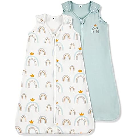 TILLYOU Cotton Sleep Sack 2 Pack - TOG 1 Baby Wearable Blanket with 2-Way Zipper, Extra Soft Sleeveless Sleeping Bag for Infants, Rainbow Crown & Light Green, 18-24 Months Cover