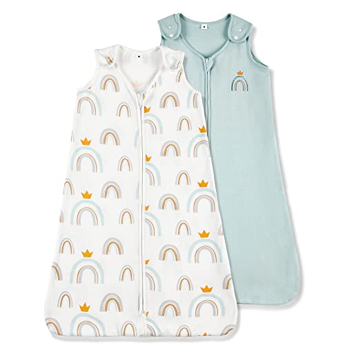 Image of TILLYOU Cotton Sleep Sack 2 Pack - TOG 1 Baby Wearable Blanket with 2-Way Zipper, Extra Soft Sleeveless Sleeping Bag for Infants, Rainbow Crown & Light Green, 0-6 Months