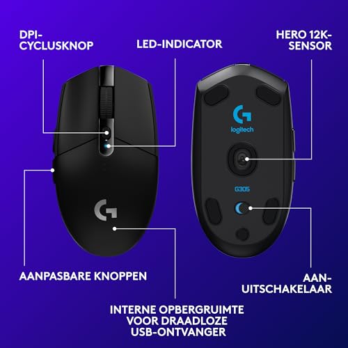 Logitech G305 Lightspeed Draadloze Gaming Muis, HERO sensor, 12.000DPI, lichtgewicht, 6 Programmeerbare Knoppen, batterijduur 250 uur, on-board geheugen, PC/Mac - Zwart - Afbeelding 7
