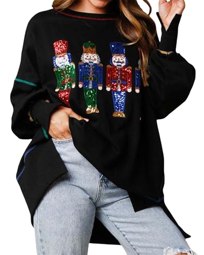 Image of Women Christmas Baggy Jumper Gingerbread Candy Cane Xmas Santa Print Sweatshirt Novelty Funny Sequin Loose Fit Pullover (Black G, S)