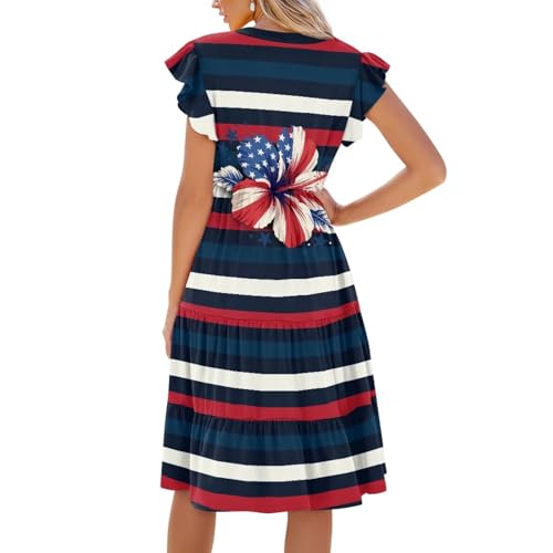 Image of Womens Summer Dress Ruffle Sleeve V Neck Dress Casual Fit Flowy Beach Vacation Sundress with Pocket S-2XL