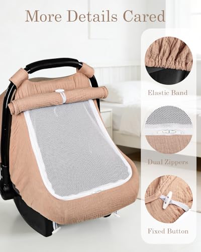Image of DILIMI Car Seat Covers for Babies, Muslin Cotton Baby Car Seat Cover with Breathable Mesh Window, Summer Infant Car Seat Canopy for Boys Girls Newborn, Gray Taupe