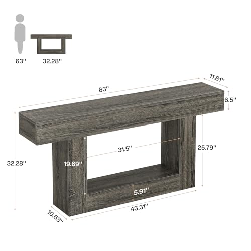 Tribesigns 63" Console Table, Farmhouse 2-Tier Entryway Table with U-Shaped Base, Narrow Long Wood Sofa Table Behind Couch Table for Living Room, Hallway, Foyer, Dark Gray