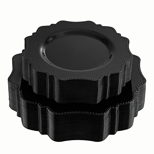 COLOSUS 60pcs Black Plastic Plates Set,Heavy Duty Black Disposable Plate for Party,Include 30PCS 10.5inch Dinner Plates and 30PCS 8.25 inch Dessert Plates for Father's Day/Wedding/Birthday