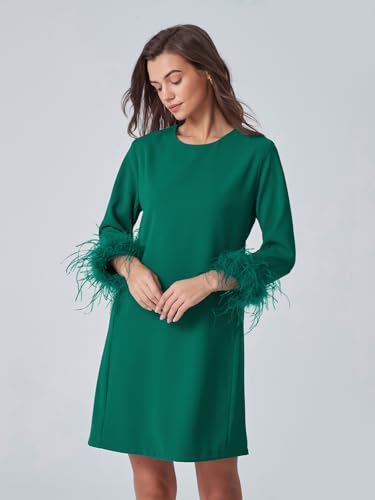 Image of D-Sun Women Feather Dress 3 /4 Feather Sleeves Mini Dress | Round Neck,Elegant Party Dress, Wedding Guest Cocktail Dresses with Pocket